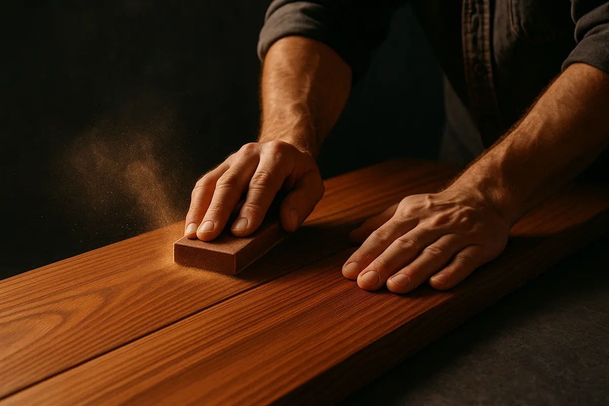 A craftsman sands a wood plank, showcasing the artistry and detail involved in deck building.