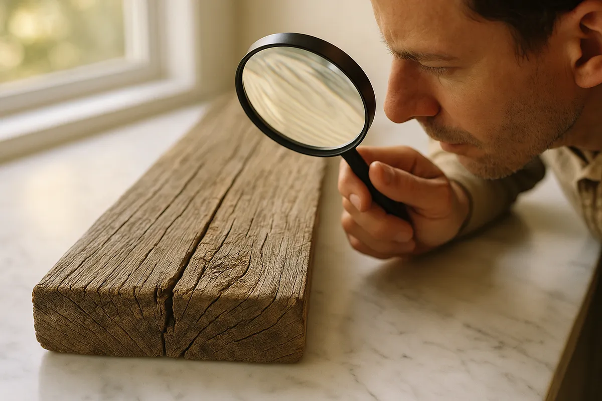 A person inspects a weathered wooden deck board with a magnifying glass, checking for damage.