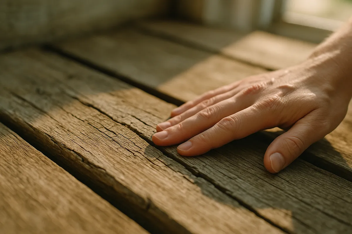 A close-up of a weathered deck board with deep cracks, showing signs of wear and the need for replacement.