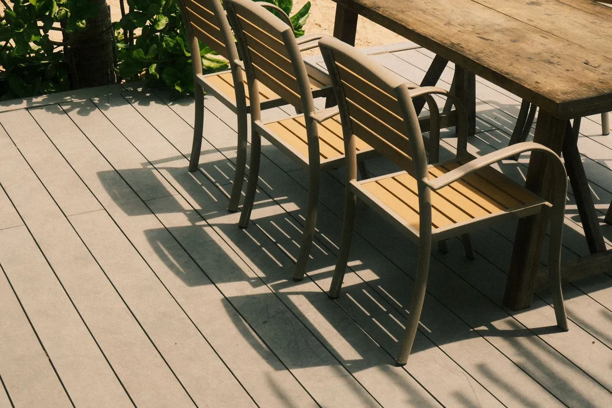 Stylish outdoor patio chairs and table set on a sunny deck, highlighting the appeal of outdoor spaces.